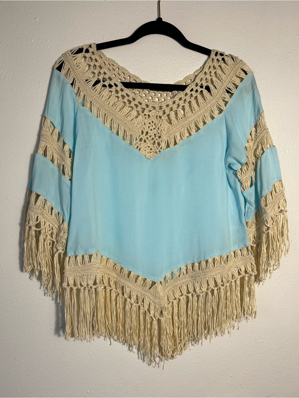 GeeGee Boho Crochet Fringe Blouse S Blue Light Rayon Festival Knit V-Neck Umgee